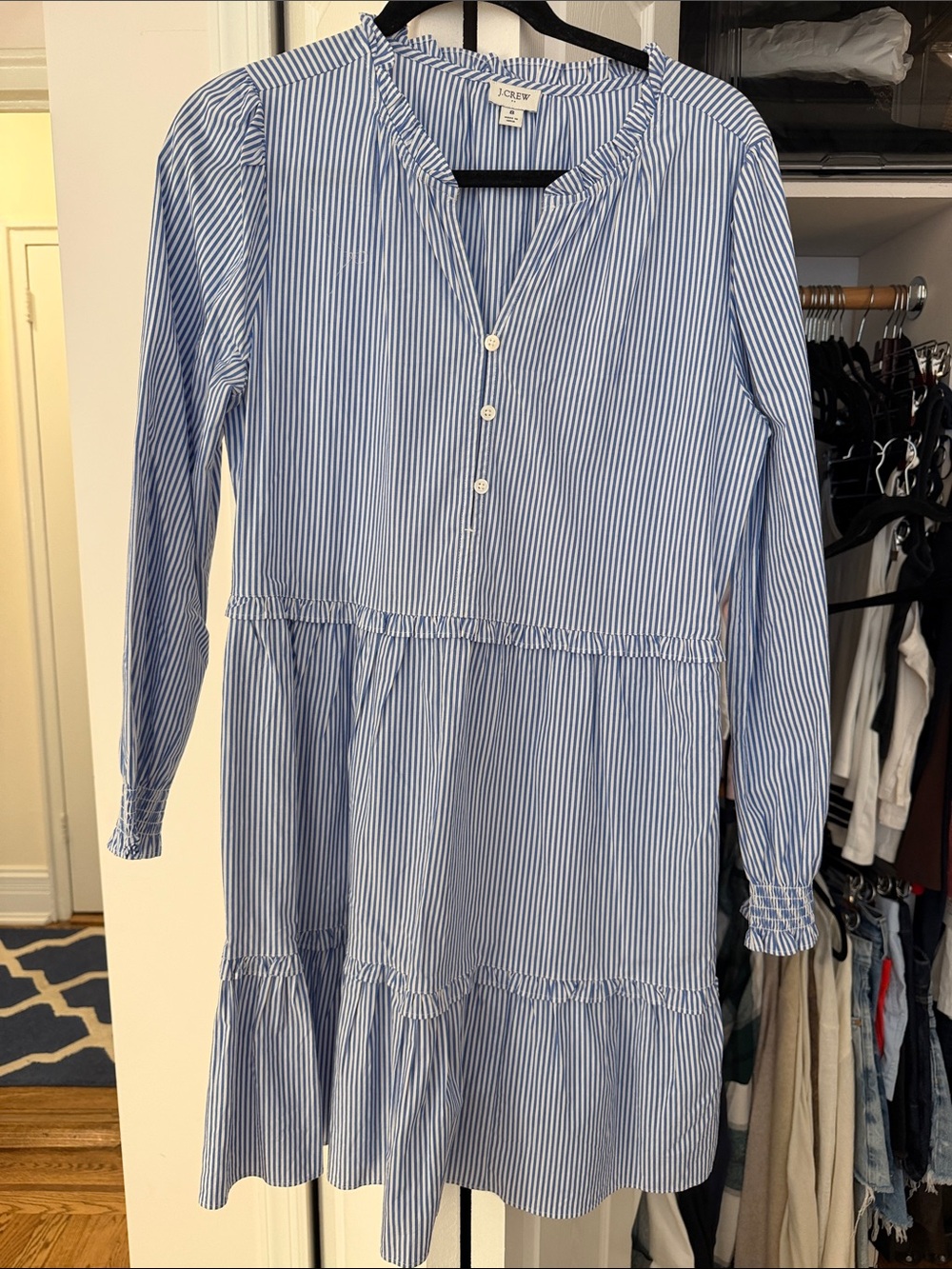 J. Crew Factory Blue and White Striped Asymmetrical Tiered Shirt Dress
